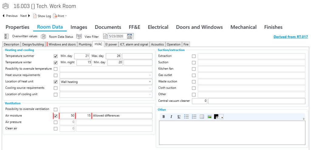 Example Room Data Sheet - part of Building Program