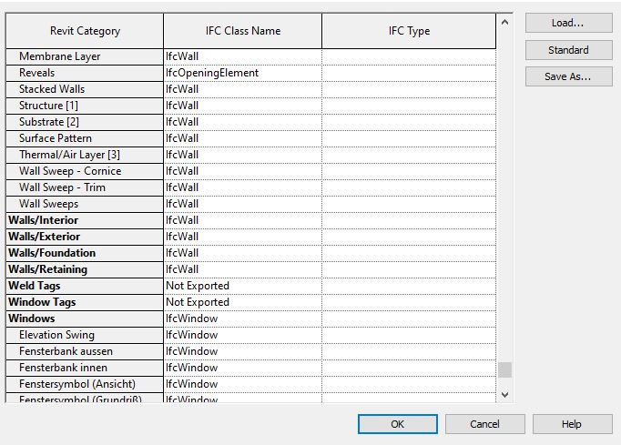 Mapping table IFC REVIT