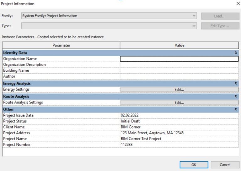 Revit Project Information Dialog