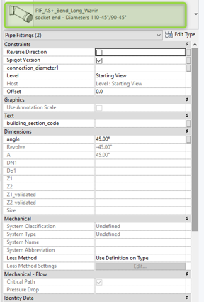 Screenshot of the properties window in the Revit software - using an example of the bend family from AS+ system package