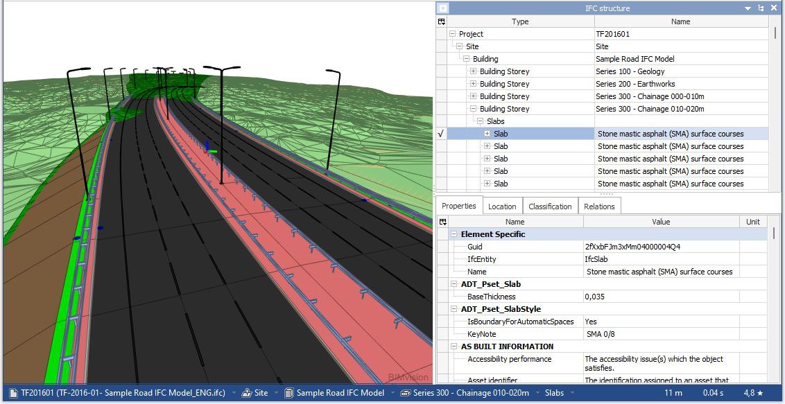 Model drogi w IFC 2x3: Project, Site, Building o nazwie Sample Road IFC Model oraz Building Storey nazwane kilometrażem, warstwy asfaltu wyeksportowane jako IfcSlab