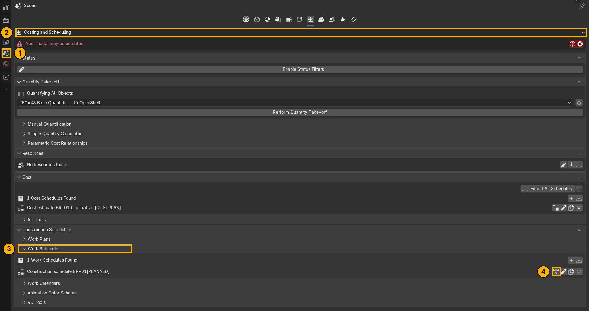 Bonsai Costing and Scheduling panel with numbered callouts: Scene tab, Costing and Scheduling selector, Work Schedules section and the task editing icon