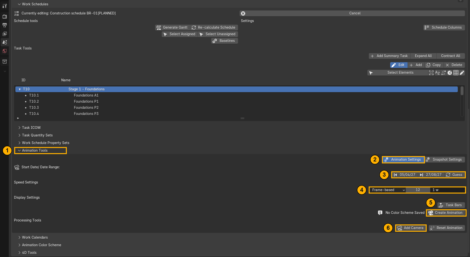 Bonsai Animation Tools panel with numbered callouts: Animation Settings, Guess, Frame-based speed, Create Animation and Add Camera