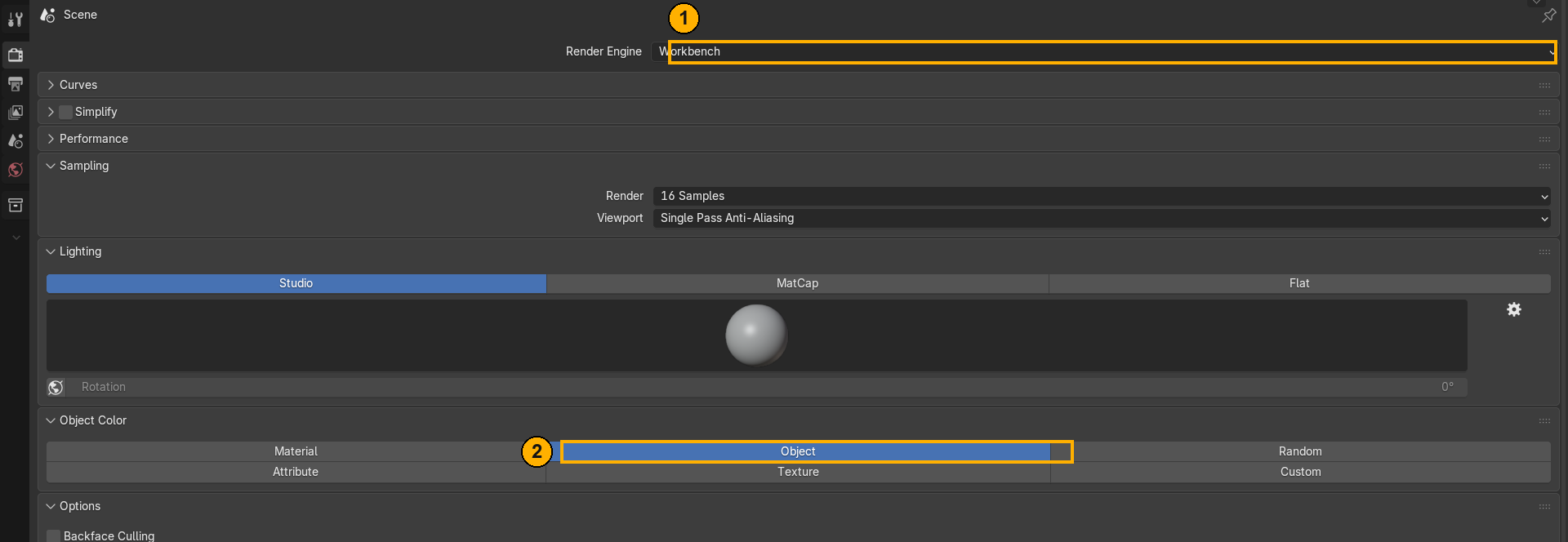 Blender render properties with numbered callouts: Render Engine set to Workbench and Color set to Object