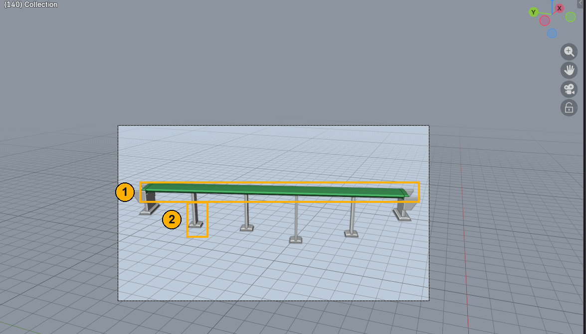 Blender viewport at frame 140: the deck slab is green as work in progress, piers and foundations are grey as completed