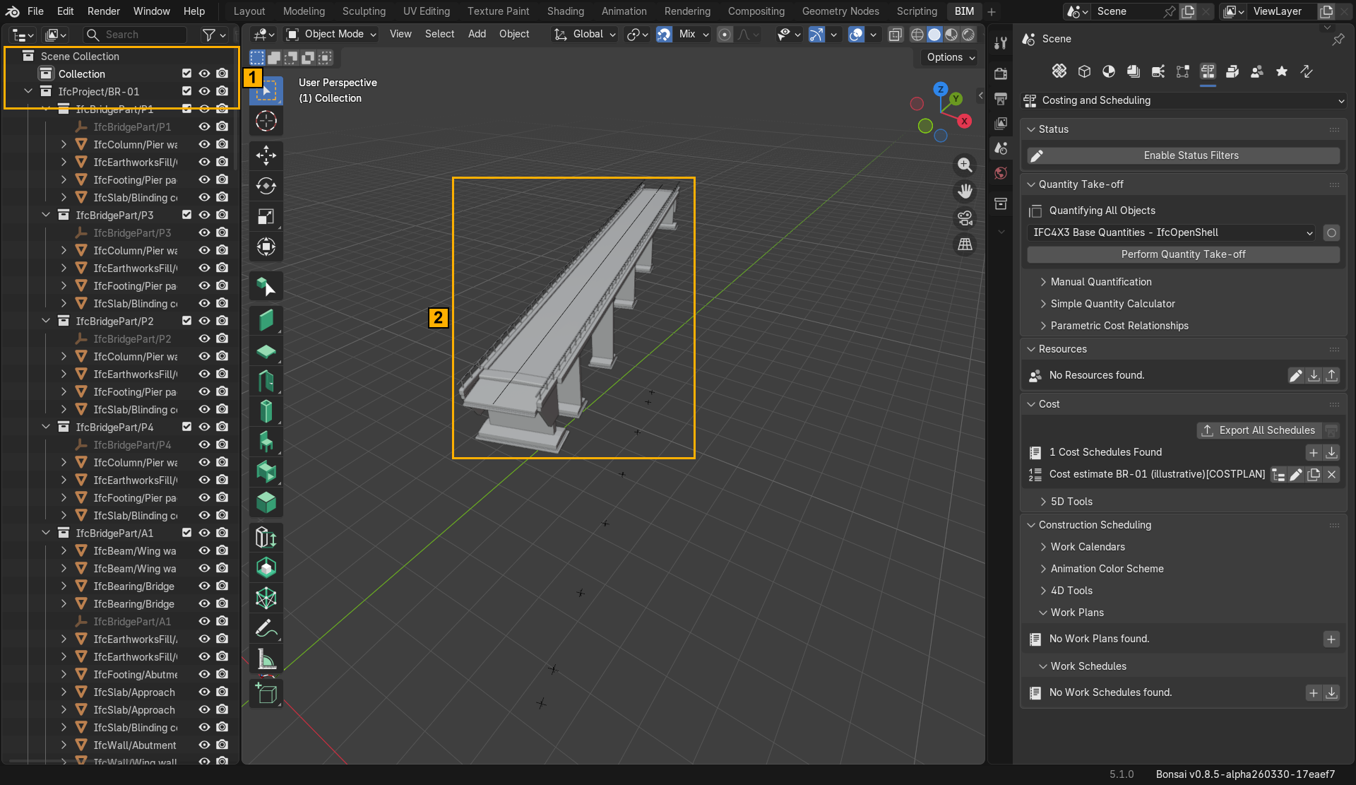 Bonsai with the bridge BR-01 loaded; Outliner and 3D viewport marked