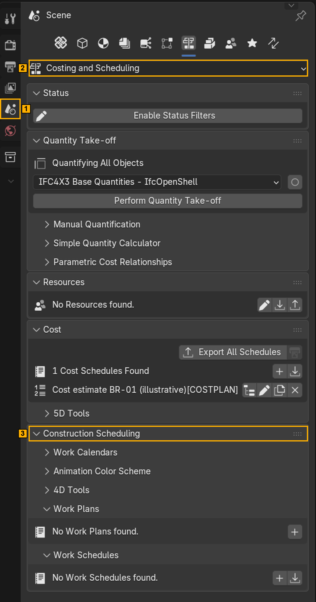 Properties Scene tab, Costing and Scheduling selector and Construction Scheduling group marked