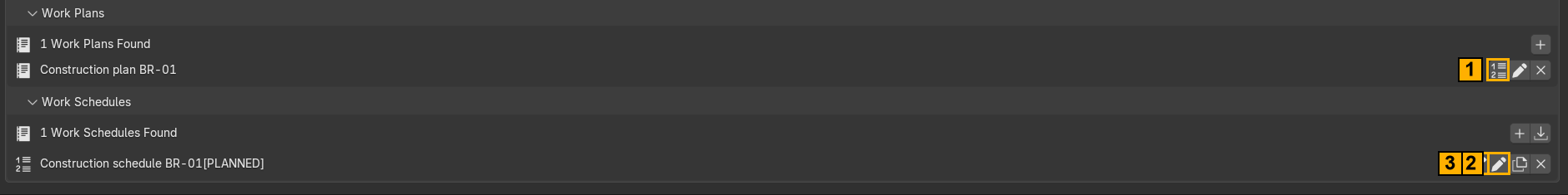 Work plan and PLANNED work schedule created, row icons marked