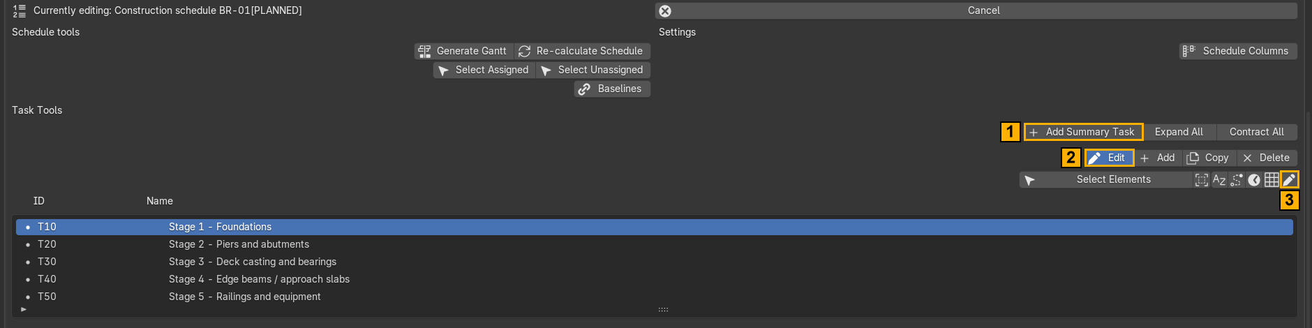 Task editing mode with Add Summary Task, Edit and attribute pencil marked
