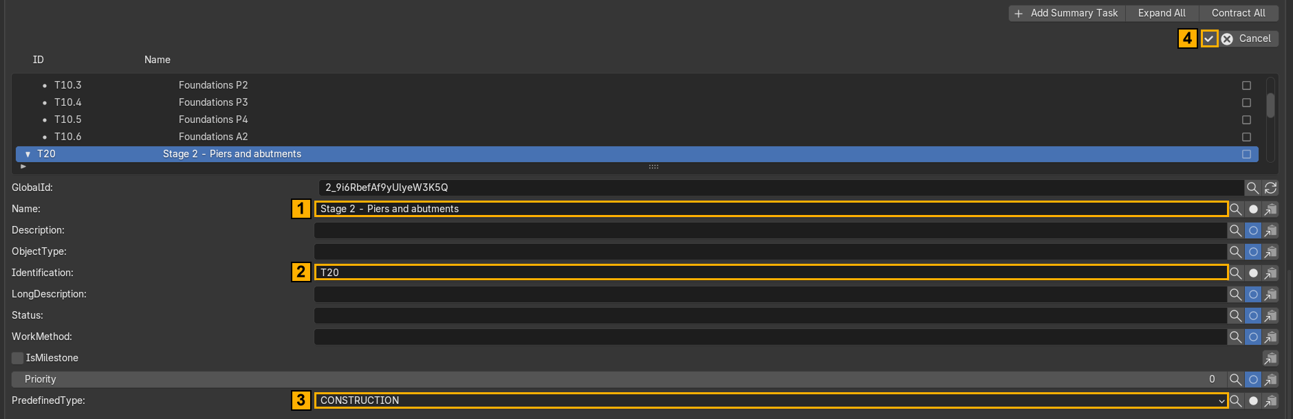 Task attribute form with Name, Identification, PredefinedType and confirm button marked