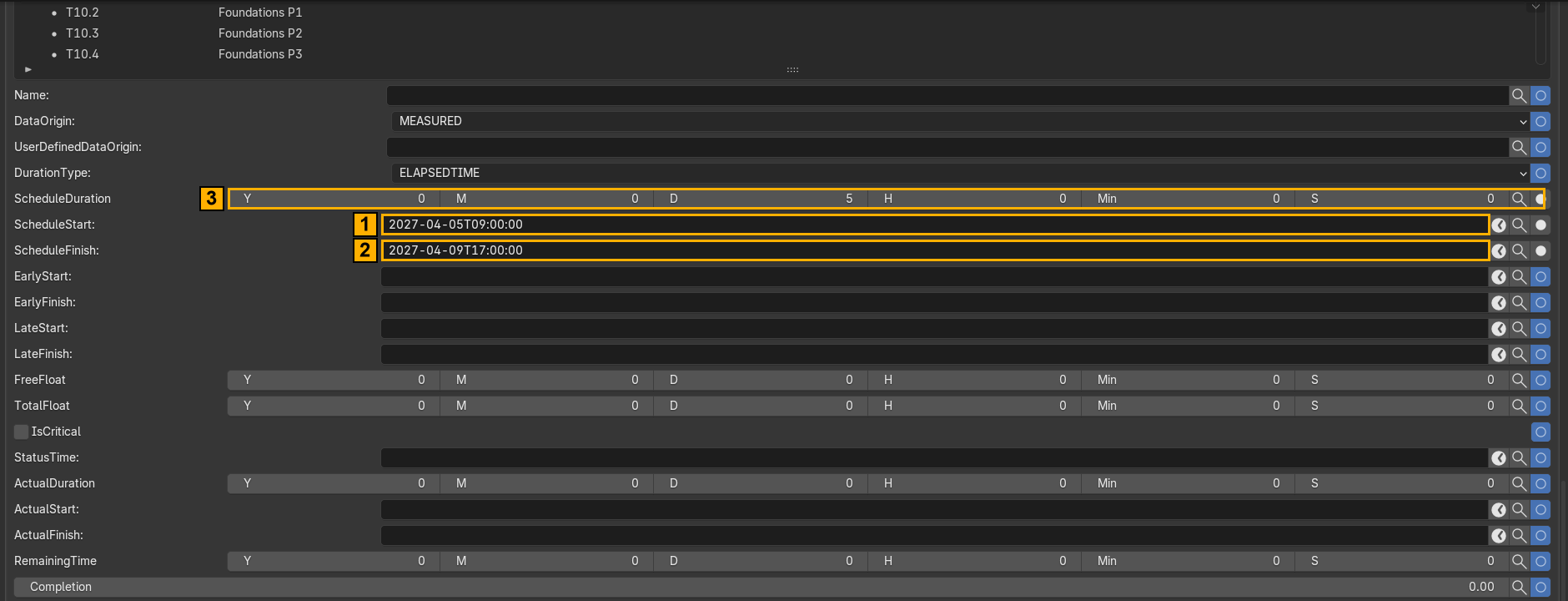 Task time form with ScheduleStart, ScheduleFinish and ScheduleDuration marked