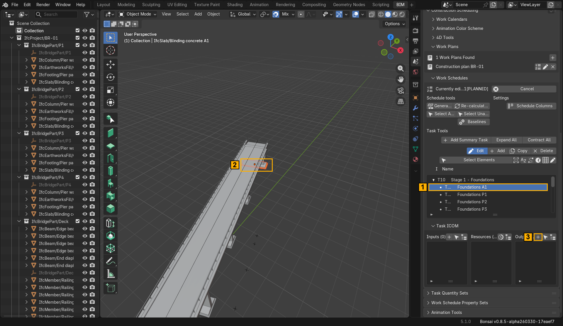 Task T10.1 selected, footing selected in 3D and the Outputs plus button marked