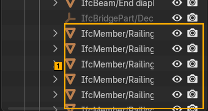 Outliner listing IfcMember railing posts that must be assigned to the railing task